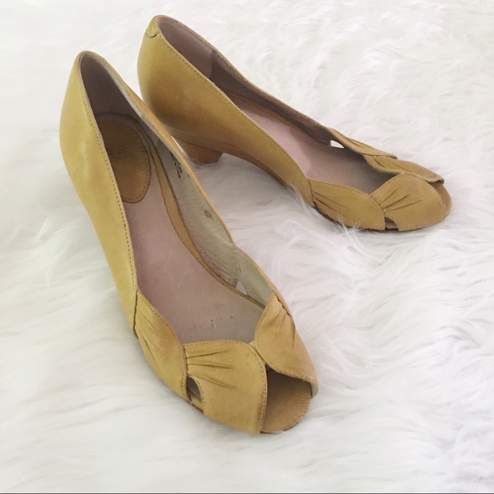Frye Ada Pleated Peep Toe Heels in Golden Yellow